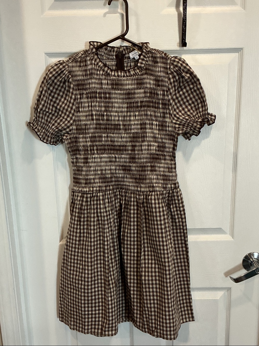 RIHOAS Brown Gingham Puff-Sleeve Dress NWT
